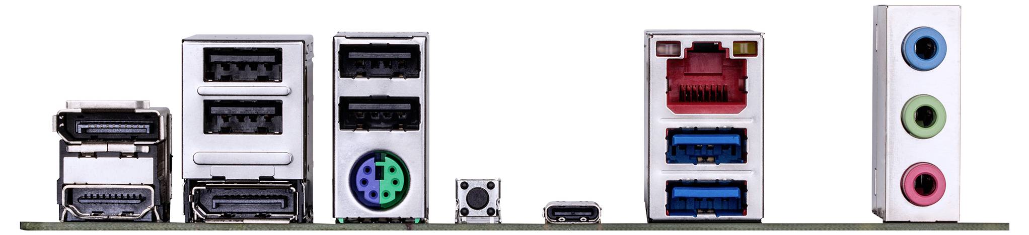 Rückseite eines Computer-Mainboards mit verschiedenen Anschlüssen: HDMI, USB, PS/2, Ethernet und Audio-Buchsen.