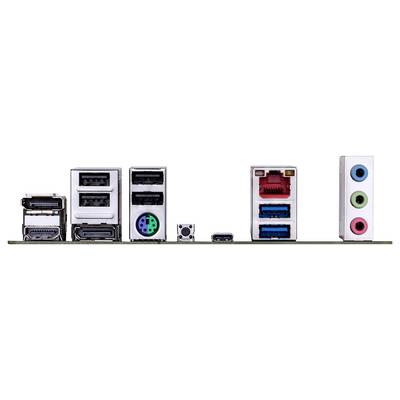 Rückseite eines Computer-Mainboards mit verschiedenen Anschlüssen: HDMI, USB, PS/2, Ethernet und Audio-Buchsen.