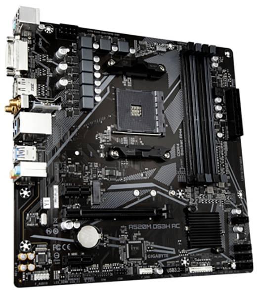 Schwarzes Computer-Mainboard mit mehreren Anschlüssen und Komponenten, darunter RAM-Steckplätze und CPU-Sockel.