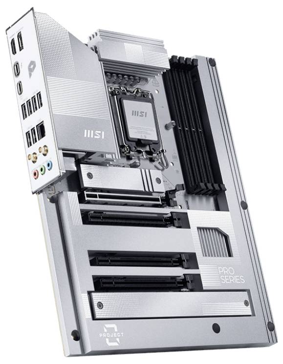 Computer-Mainboard der Pro Serie mit mehreren PCI-Slots, RAM-Steckplätzen und Anschlüssen, geeignet für High-Performance-Systeme.