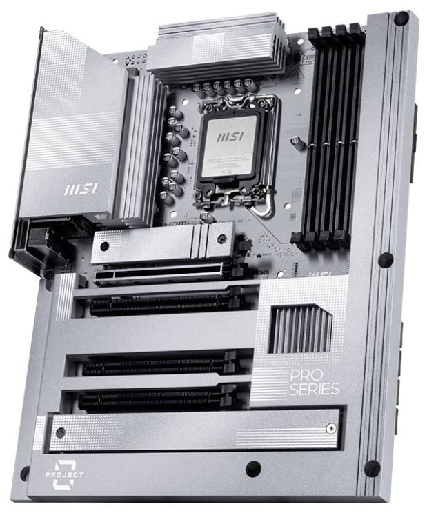 Ein graues Mainboard der 'Pro Series' zeigt mehrere PCIe-Steckplätze, einen CPU-Sockel in der Mitte und Kühlkörper zur Wärmeableitung.