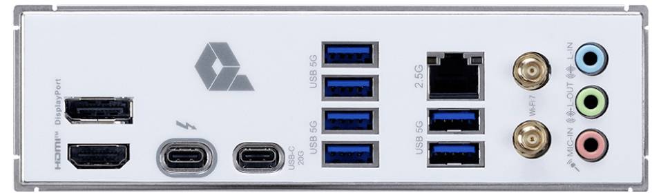 Rückseite eines Computer-Motherboards mit Anschlüssen: HDMI, DisplayPort, USB 3.0, USB-C, Ethernet, Audio und WLAN-Antennenanschlüsse.