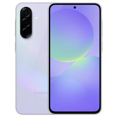 Ein modernes Smartphone mit zwei Ansichten: Vorderseite zeigt ein Display mit farbigem Design, Rückseite zeigt eine Kamera mit drei Linsen.