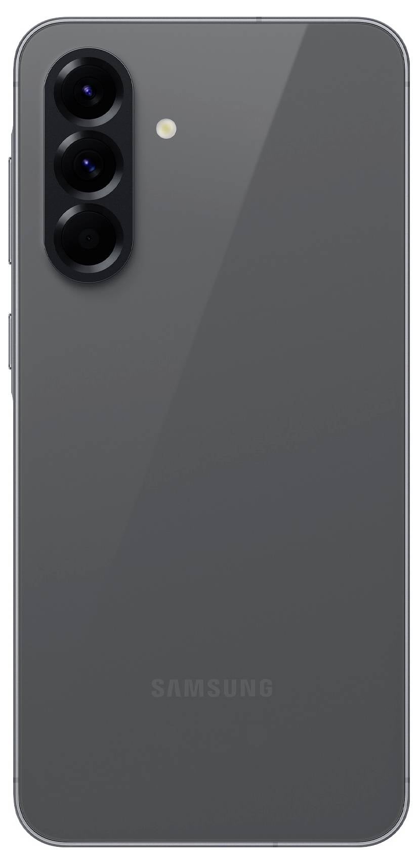 Schwarzes Smartphone-Rückseite mit drei Kameralinsen und Blitz in vertikaler Anordnung.