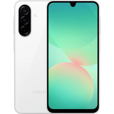Ein weißes Smartphone von Samsung mit drei vertikalen Kameras auf der Rückseite und einem großen Display mit tropfenförmiger Notch.