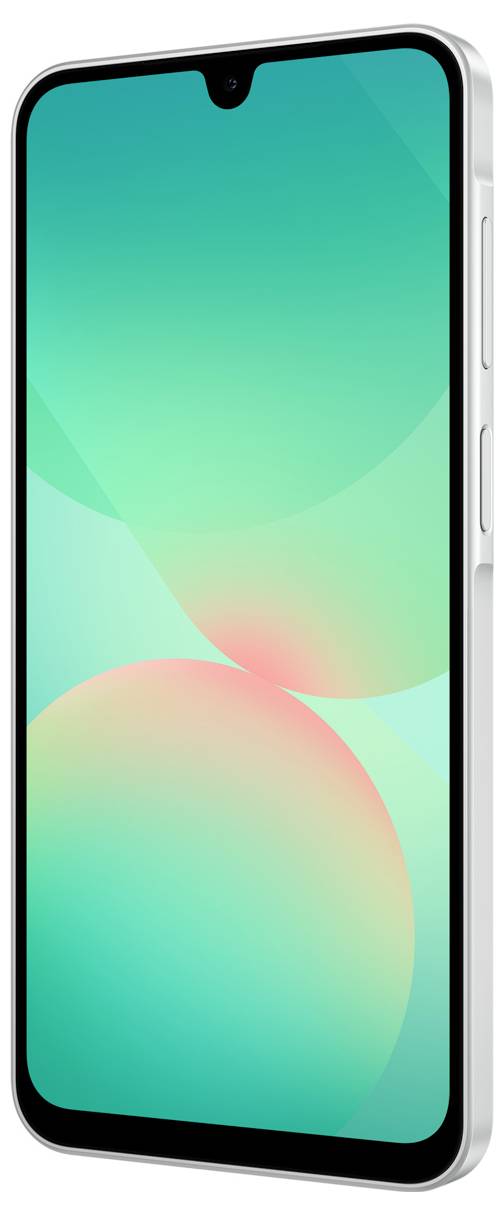 Smartphone mit großem Display, schmalem Rahmen und frontaler Kameraaussparung, vor grün-blauem Hintergrund.