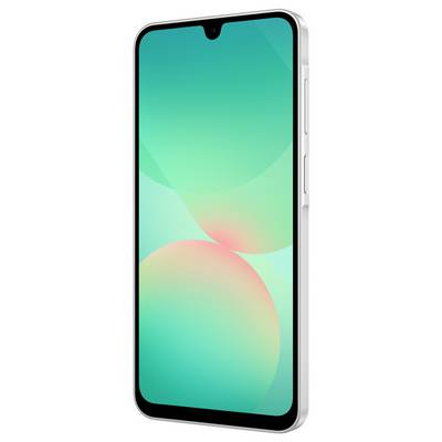Smartphone mit großem Display, schmalem Rahmen und frontaler Kameraaussparung, vor grün-blauem Hintergrund.