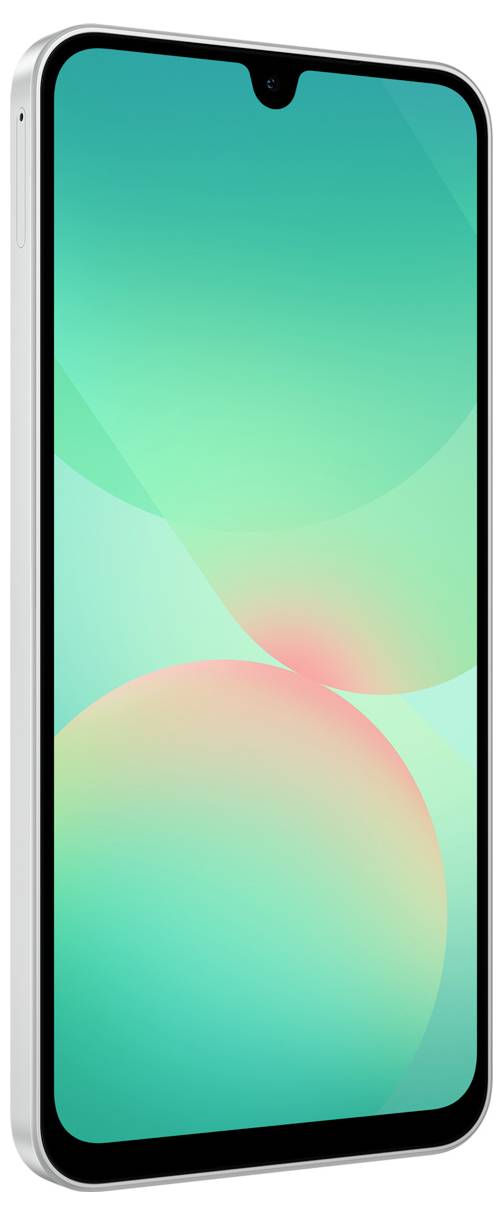 Ein Smartphone mit einem großen Display, abgerundeten Kanten und minimalistischer Vorderseite, in einem hellen Farbschema.