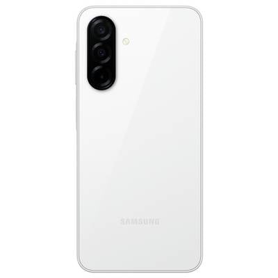 Weiße Rückseite eines Smartphones mit drei Kameralinsen und einem kleinen Blitz in der oberen linken Ecke.