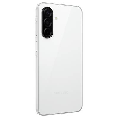 Smartphone in Weiß, Rückansicht mit drei Kameralinsen und LED-Blitz; modernes, schlankes Design.