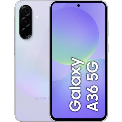 Ein Smartphone mit drei Kameras auf der Rückseite und einem Bildschirm mit der Aufschrift 'Galaxy A36 5G'.