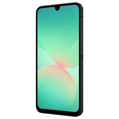 Smartphone mit schwarzem Rahmen und einem Display, das ein abstraktes, mehrfarbiges Muster in Grün- und Rottönen zeigt.