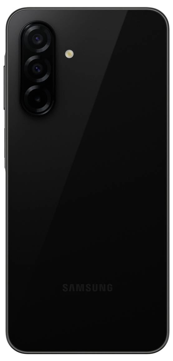 Ein schwarzes Smartphone von hinten. Drei Kameralinsen oben links. Marke "Samsung" am unteren Rand gut sichtbar.