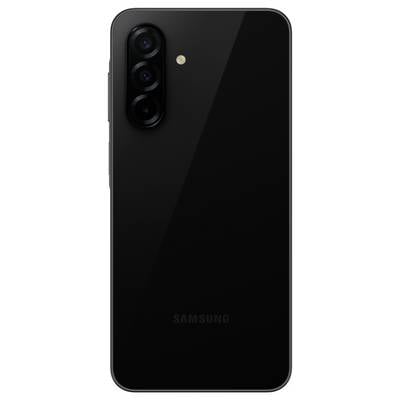 Ein schwarzes Smartphone von hinten. Drei Kameralinsen oben links. Marke "Samsung" am unteren Rand gut sichtbar.