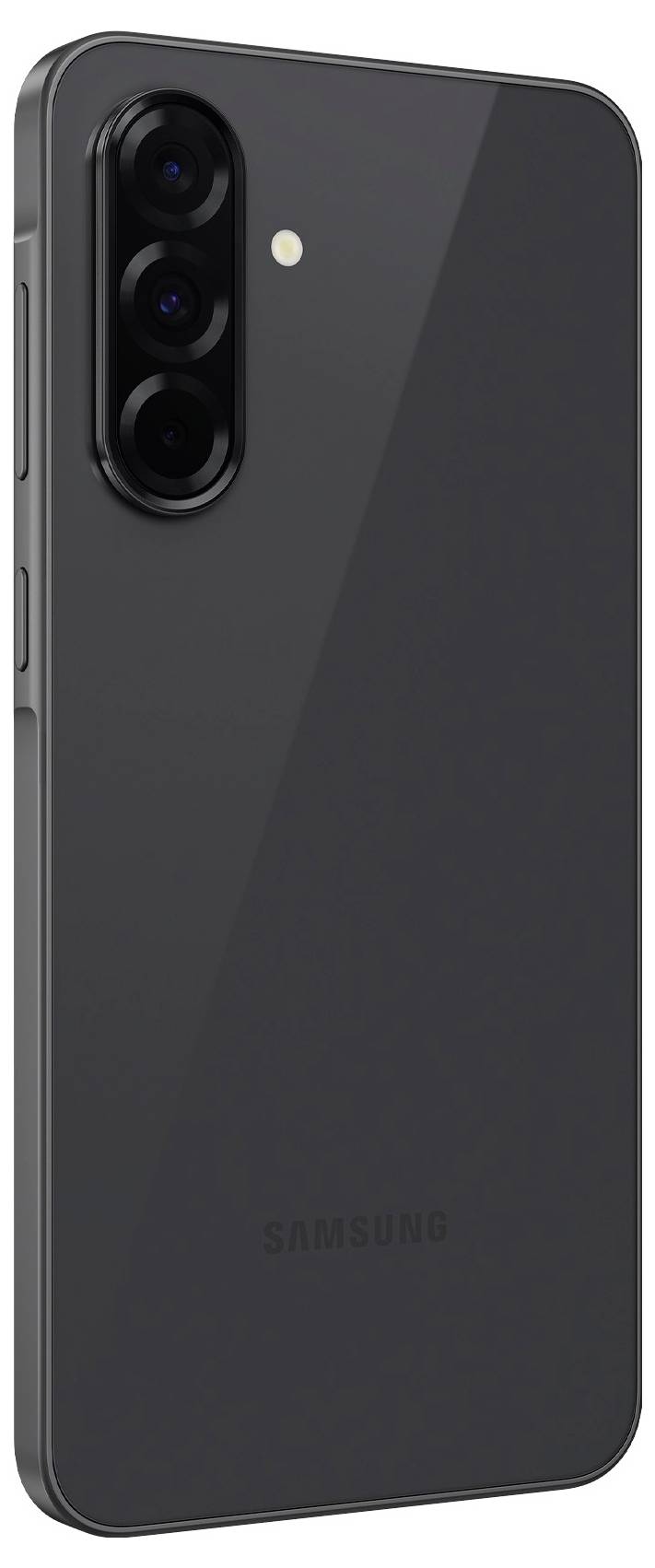 Ein schwarzes Smartphone von der Seite, mit drei Kameraobjektiven und einem Blitz. Markenname unten auf der Rückseite sichtbar.