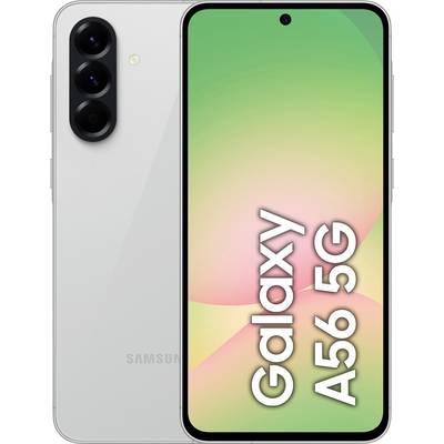 Das Bild zeigt ein silbernes Samsung Galaxy A56 5G Smartphone mit drei Kameras auf der Rückseite. Auf dem Display steht 'Galaxy A56 5G'.