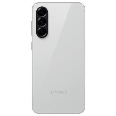 Ein weißes Smartphone von hinten, gezeigt mit drei Kameras oben links. Es hat ein schlichtes, modernes Design. Markenname unten sichtbar.