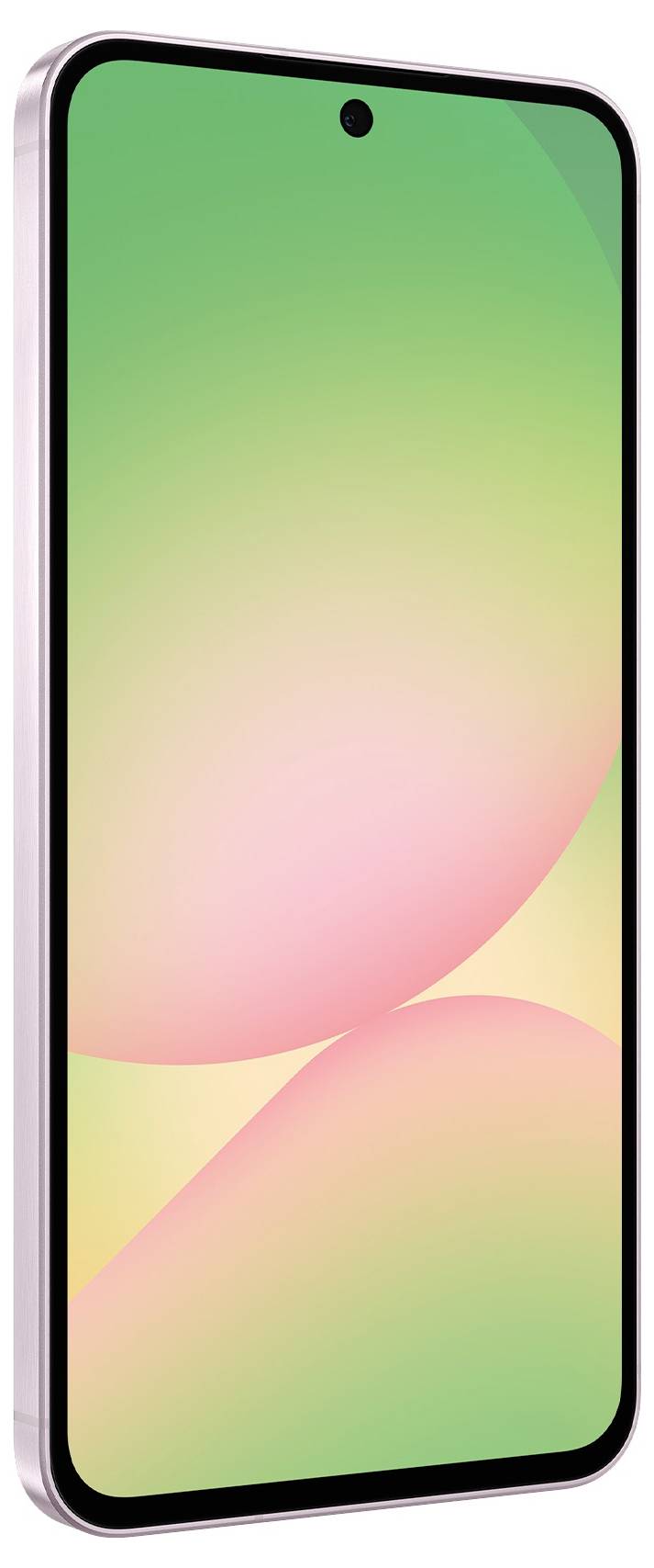 Smartphone mit pastellgrünem und rosa Verlauf auf dem Bildschirm, gezeigt in leicht schräger Perspektive von der Seite.