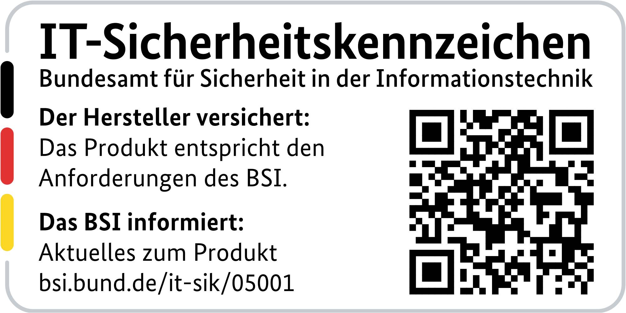 'IT-Sicherheitskennzeichen' mit QR-Code. Der Hersteller versichert, das Produkt entspricht den BSI-Anforderungen. Aktuelle Infos auf bsi.bund.de.