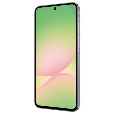 Smartphone mit schmalen Rändern, seitlicher Ansicht. Bildschirm zeigt einen Farbverlauf in Grün und Rosa.
