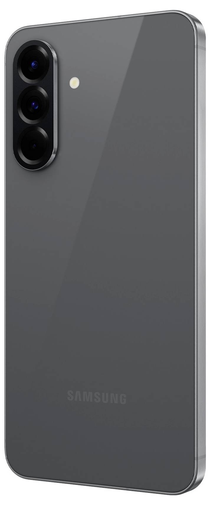 'Dunkelgraues Smartphone mit drei vertikalen Kameralinsen auf der Rückseite; schlichtes, modernes Design.'