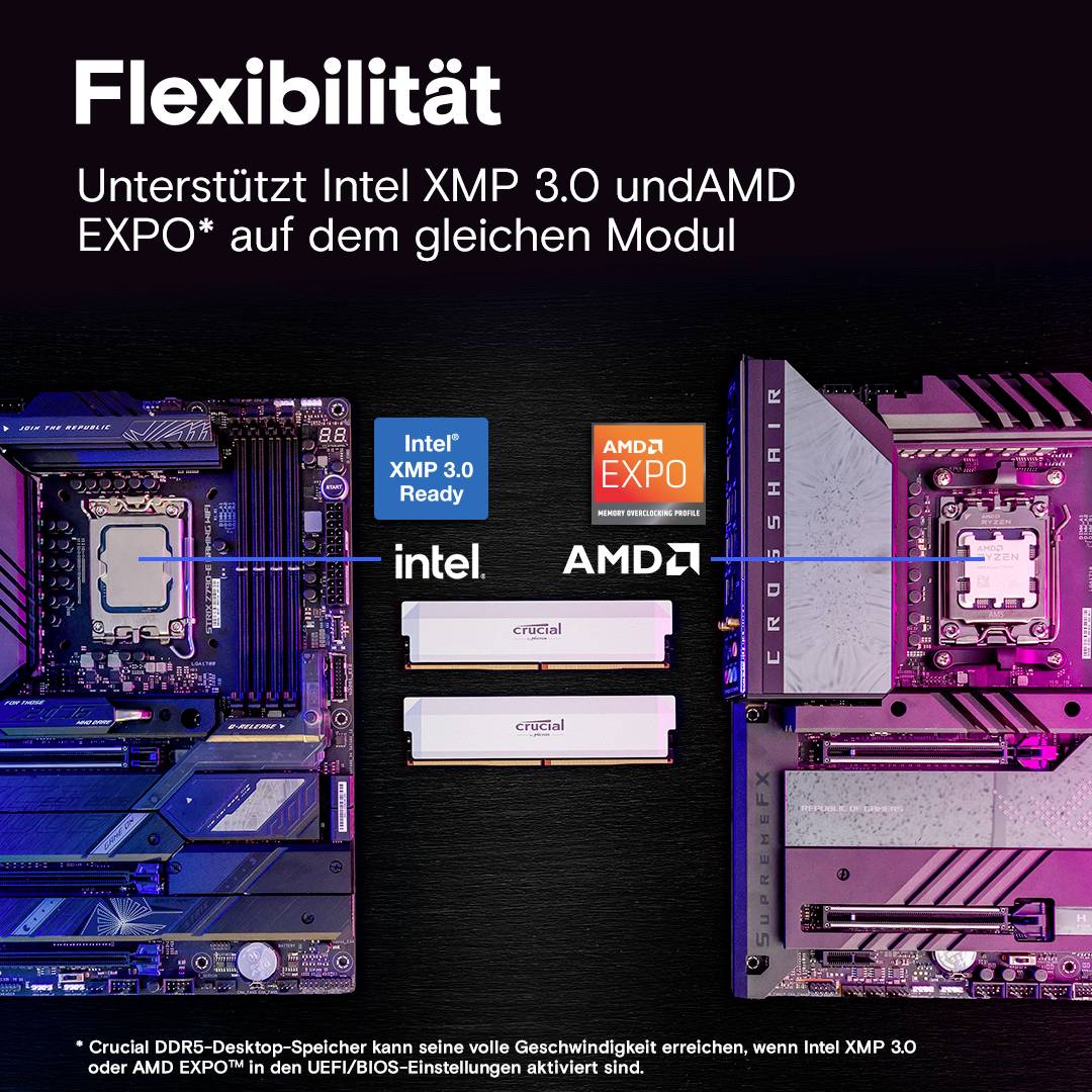 'Flexibilität: Unterstützt Intel XMP 3.0 und AMD EXPO. Zeigt zwei Motherboards mit installierten RAM-Modulen von Crucial.'