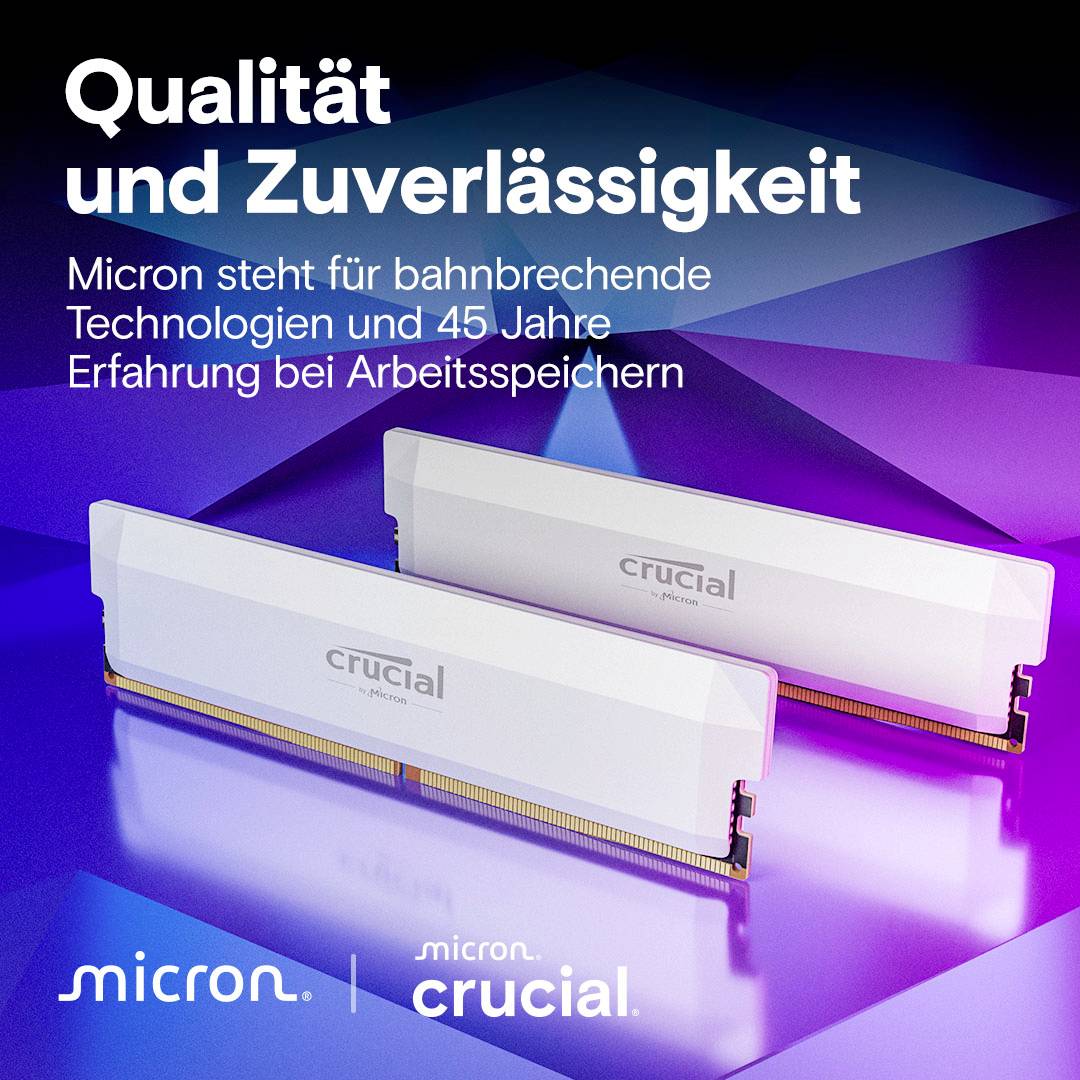 Zwei RAM-Module vor farbigem Hintergrund. Text: 'Qualität und Zuverlässigkeit - Micron steht für bahnbrechende Technologien und 45 Jahre Erfahrung bei Arbeitsspeicher'.