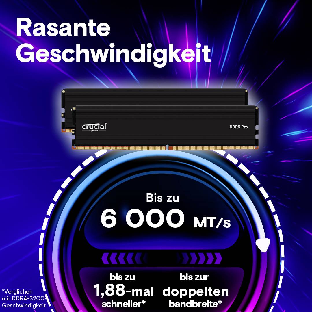 Schwarzer RAM-Speicher von Crucial mit Text 'Rasante Geschwindigkeit'. Geschwindigkeit von 6000 MT/s hervorgehoben durch Datenpunkte.