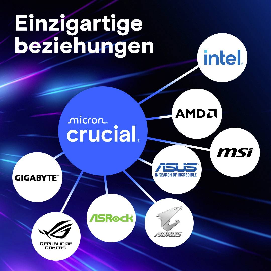 'Einzigartige Beziehungen' zeigt die Marke Crucial, die mit Gigabyte, ASUS, Aorus, ASRock, MSI, AMD und Intel verbunden ist.