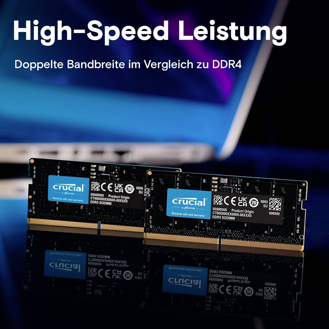 Zwei RAM-Module von Crucial vor blauem Hintergrund. Text: 'High-Speed Leistung. Doppelte Bandbreite im Vergleich zu DDR4'.
