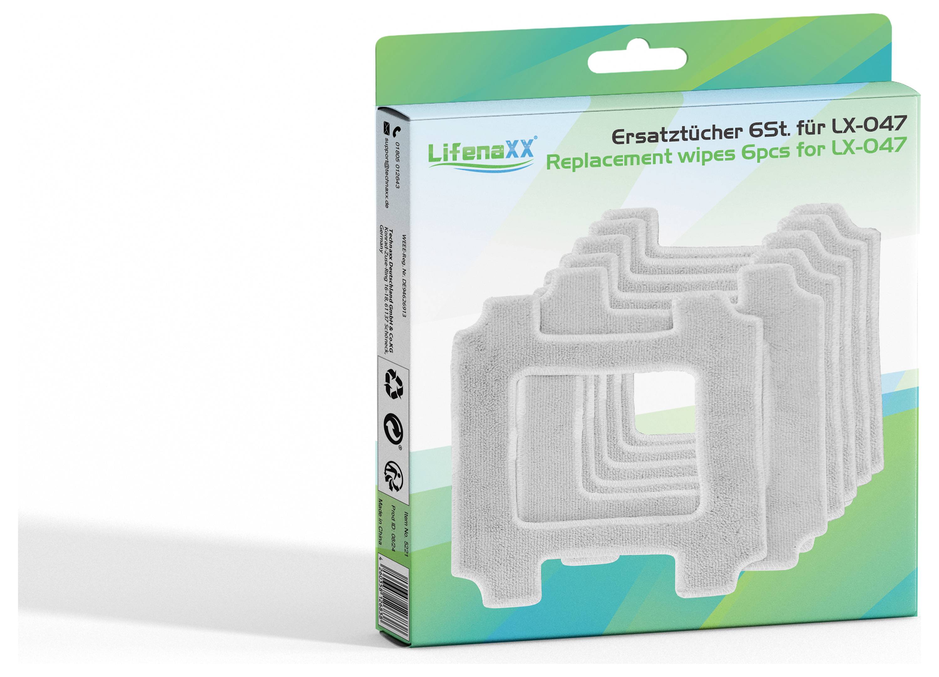 'Ersatztücher 6St. für LX-047' steht auf der Verpackung von weißen Ersatztüchern. Die Verpackung ist blau-grün gestaltet.