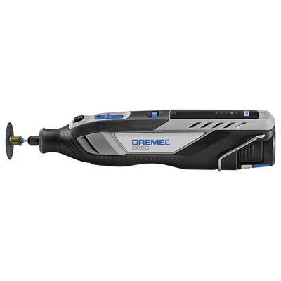 Akkubetriebener Dremel 8260 Drehschleifer in Schwarz und Silber mit Schleifscheibe und Dremel-Logo.