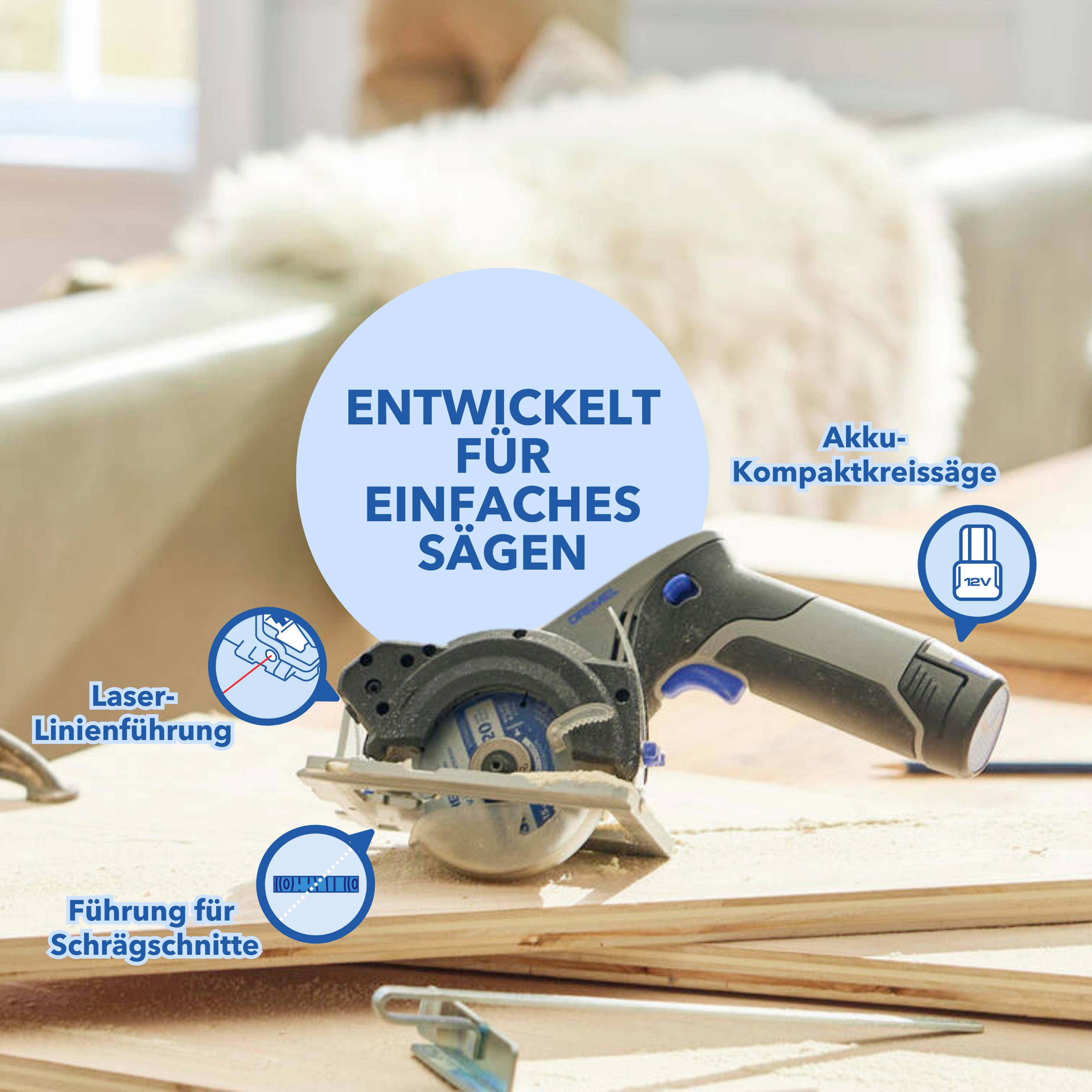 Akkukreissäge auf einem Tisch. Text: 'Entwickelt für einfaches Sägen' mit Symbolen für Laserführung und Schrägschnittführung.
