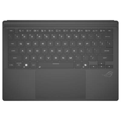 Eine schwarze Laptop-Tastatur mit numerischen und Buchstabentasten, Pfeiltasten und Touchpad. Beleuchtete Symbole neben den Funktionstasten.