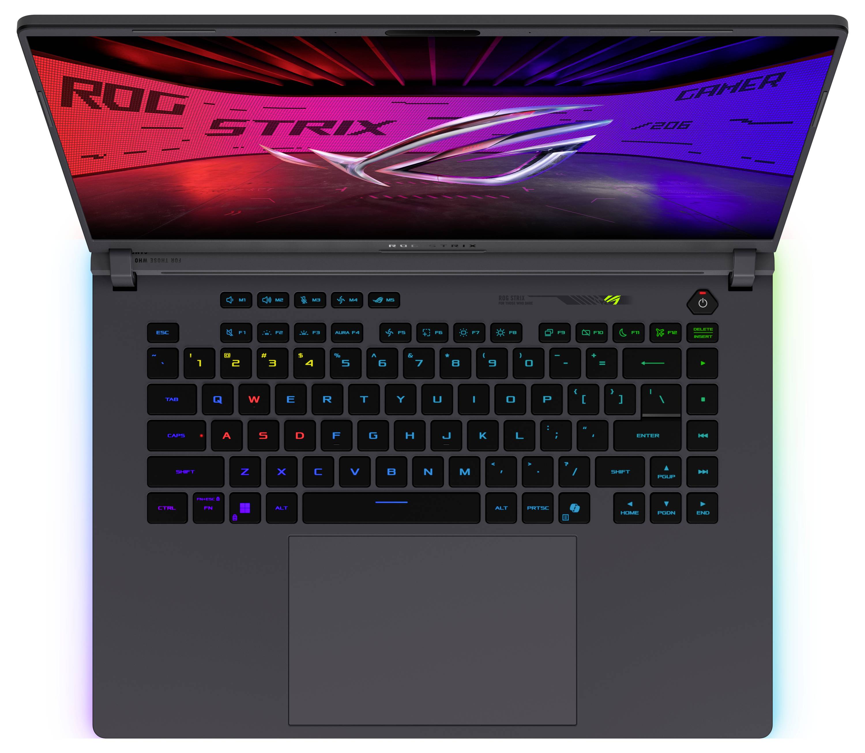 Laptop von oben, Bildschirm zeigt das Logo 'ROG STRIX'. Die Tastatur ist beleuchtet und das Design ist farbenfroh und futuristisch.