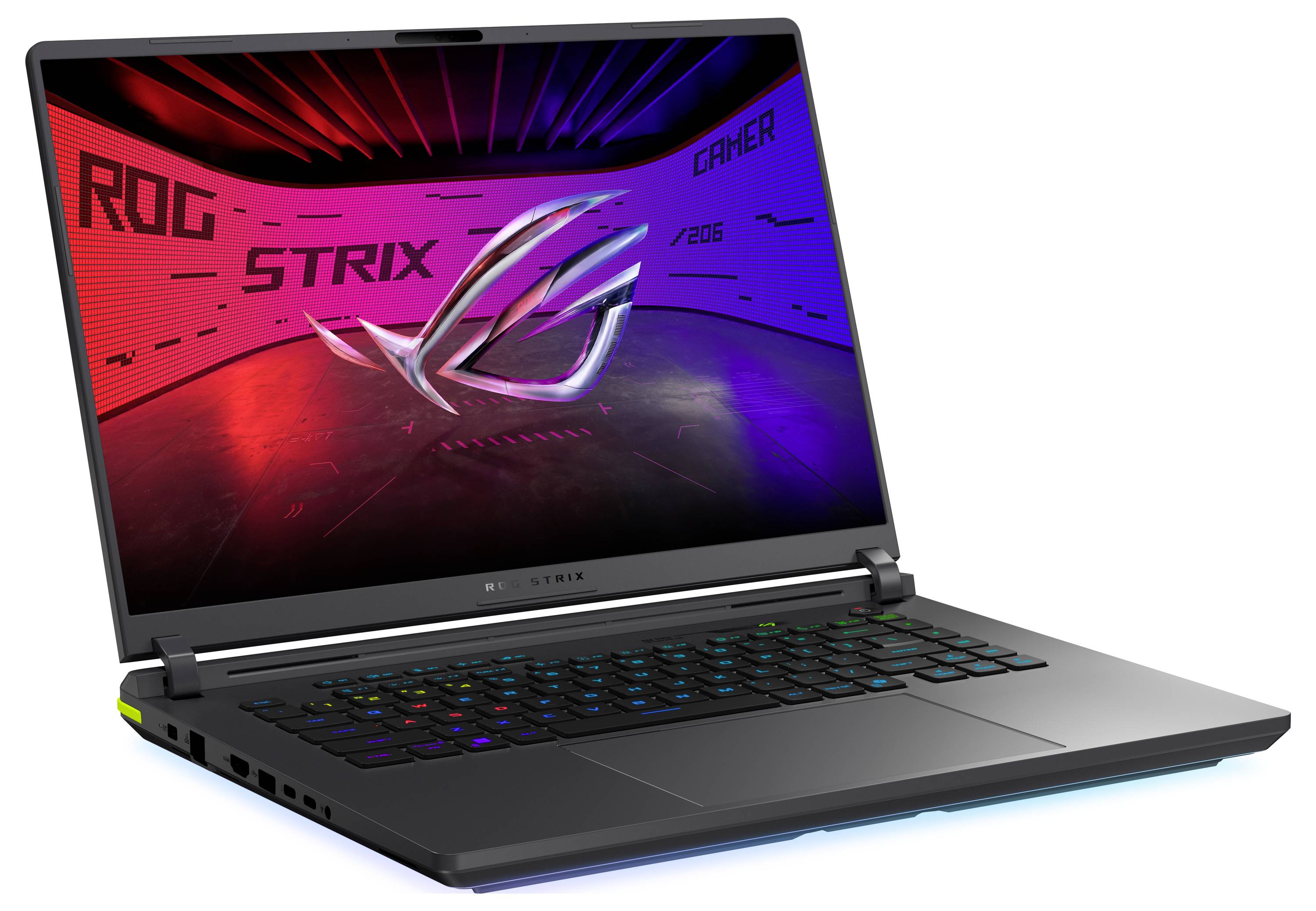 Ein Gaming-Laptop mit beleuchteter Tastatur und einem Bildschirm, der das Logo und den Schriftzug 'ROG STRIX GAMER' zeigt.