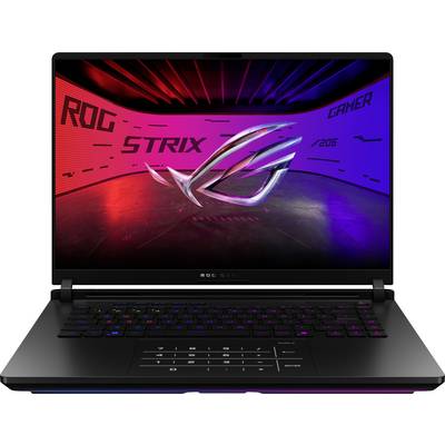 Ein Laptop mit offenem Bildschirm zeigt ein buntes Logo und die Wörter 'ROG STRIX GAMER'. Die Tastatur leuchtet in verschiedenen Farben.