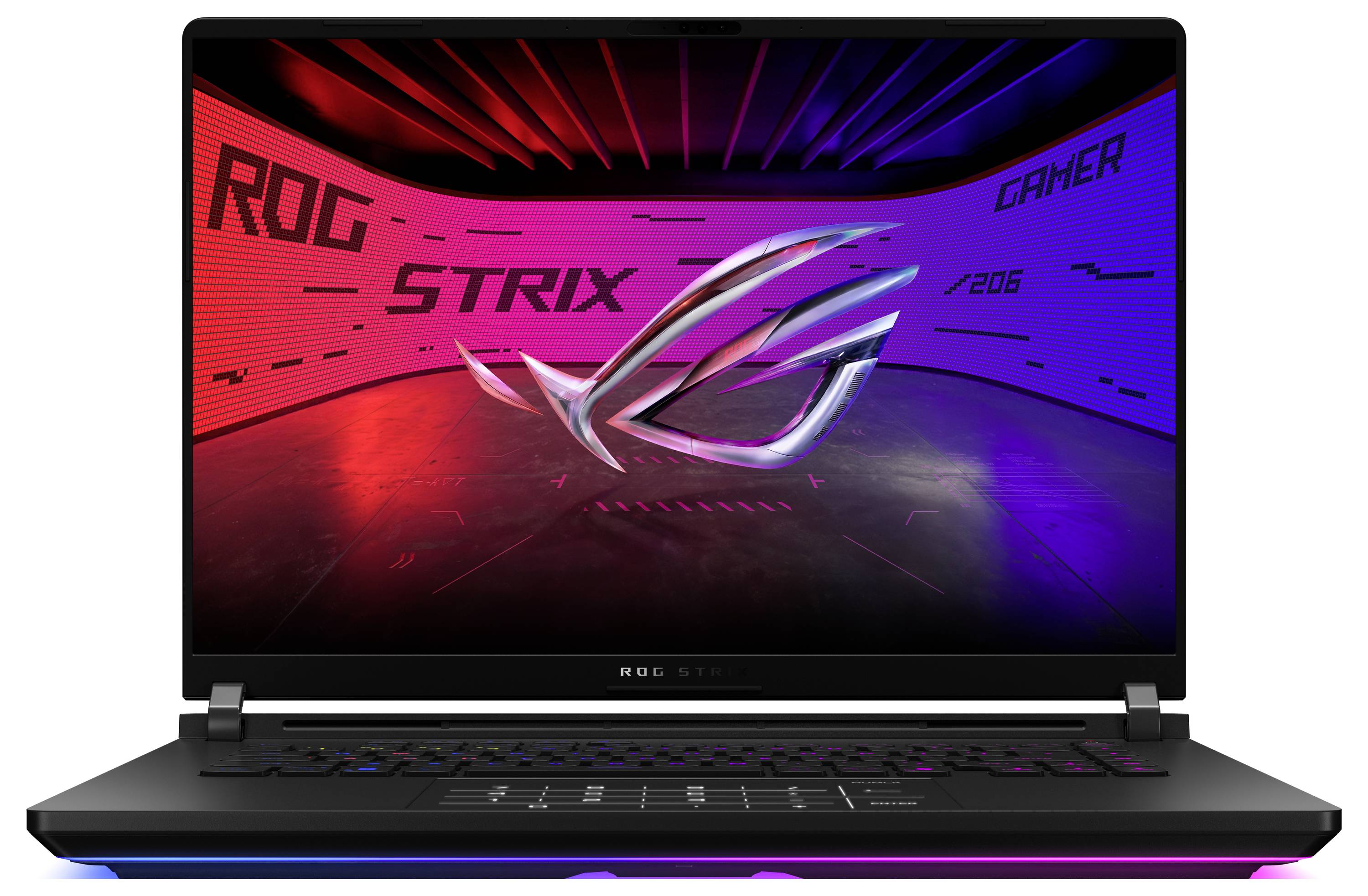 Gaming-Laptop mit offenem Bildschirm zeigt ein farbenfrohes, futuristisches Hintergrundbild mit Logos und Grafiken.