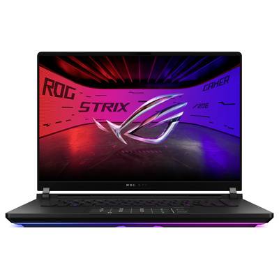 Gaming-Laptop mit offenem Bildschirm zeigt ein farbenfrohes, futuristisches Hintergrundbild mit Logos und Grafiken.