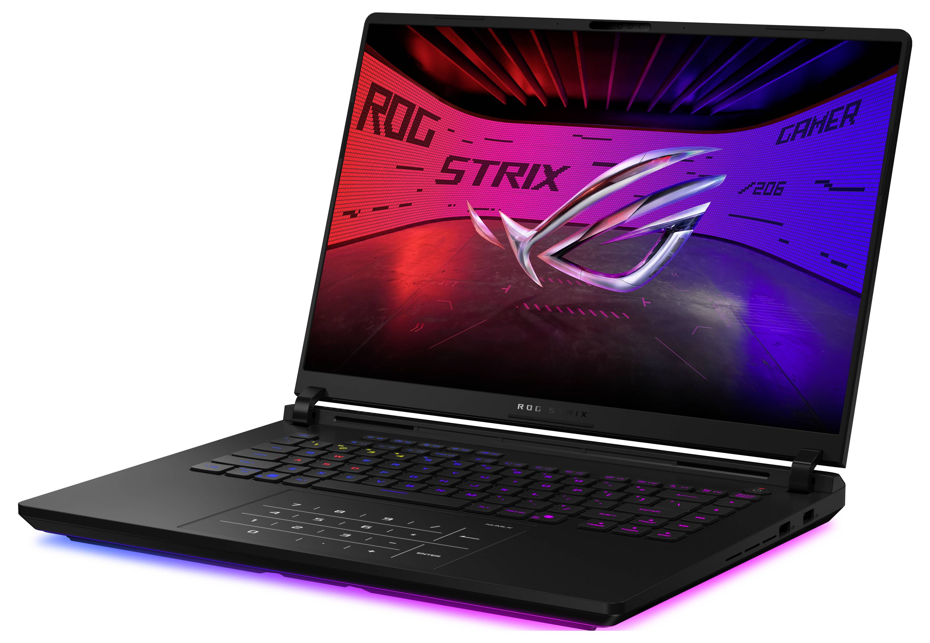 Ein Gaming-Laptop mit beleuchteter Tastatur und einem Bildschirm, der das Logo und 'ROG STRIX GAMER' im Hintergrund zeigt.