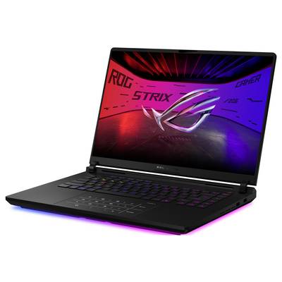 Ein Gaming-Laptop mit beleuchteter Tastatur und einem Bildschirm, der das Logo und 'ROG STRIX GAMER' im Hintergrund zeigt.