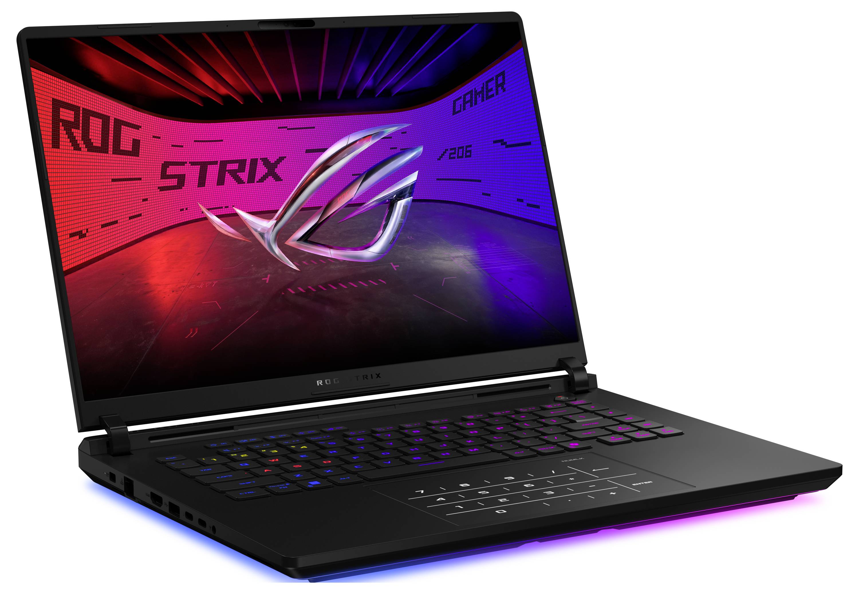Ein Gaming-Laptop mit beleuchteter Tastatur und 'ROG STRIX'-Logo auf dem Bildschirm, umgeben von roten und blauen Lichtern.