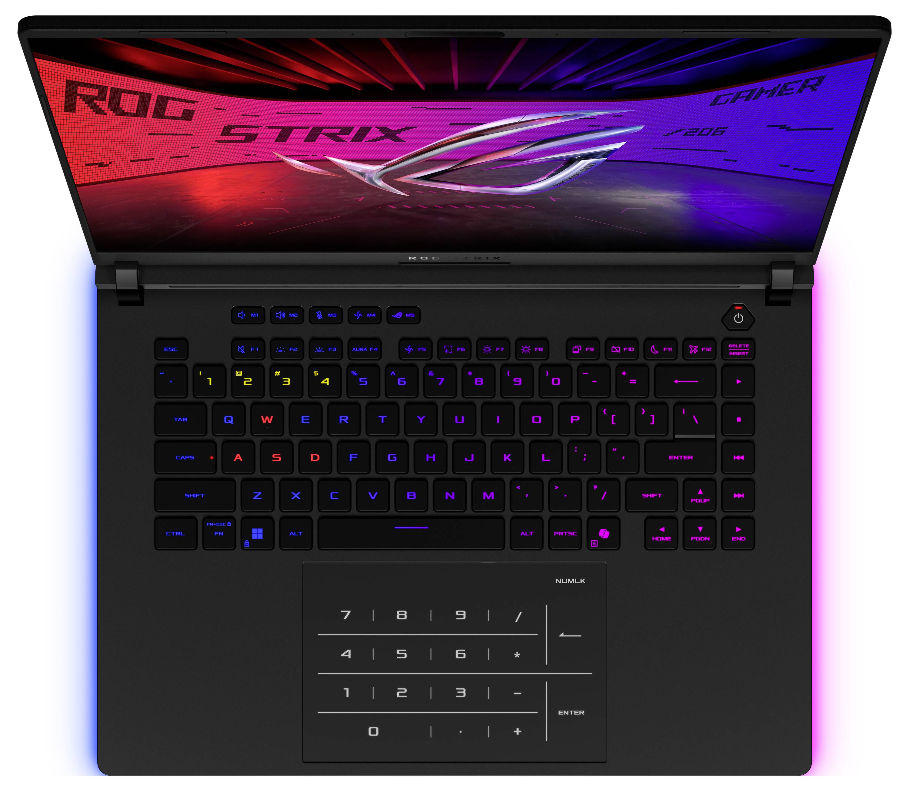 Ein Laptop mit beleuchteter Tastatur in RGB-Farben, der Bildschirm zeigt das 'ROG STRIX'-Logo auf einem futuristischen Hintergrund.