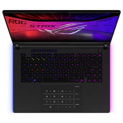 Ein Laptop mit beleuchteter Tastatur in RGB-Farben, der Bildschirm zeigt das 'ROG STRIX'-Logo auf einem futuristischen Hintergrund.