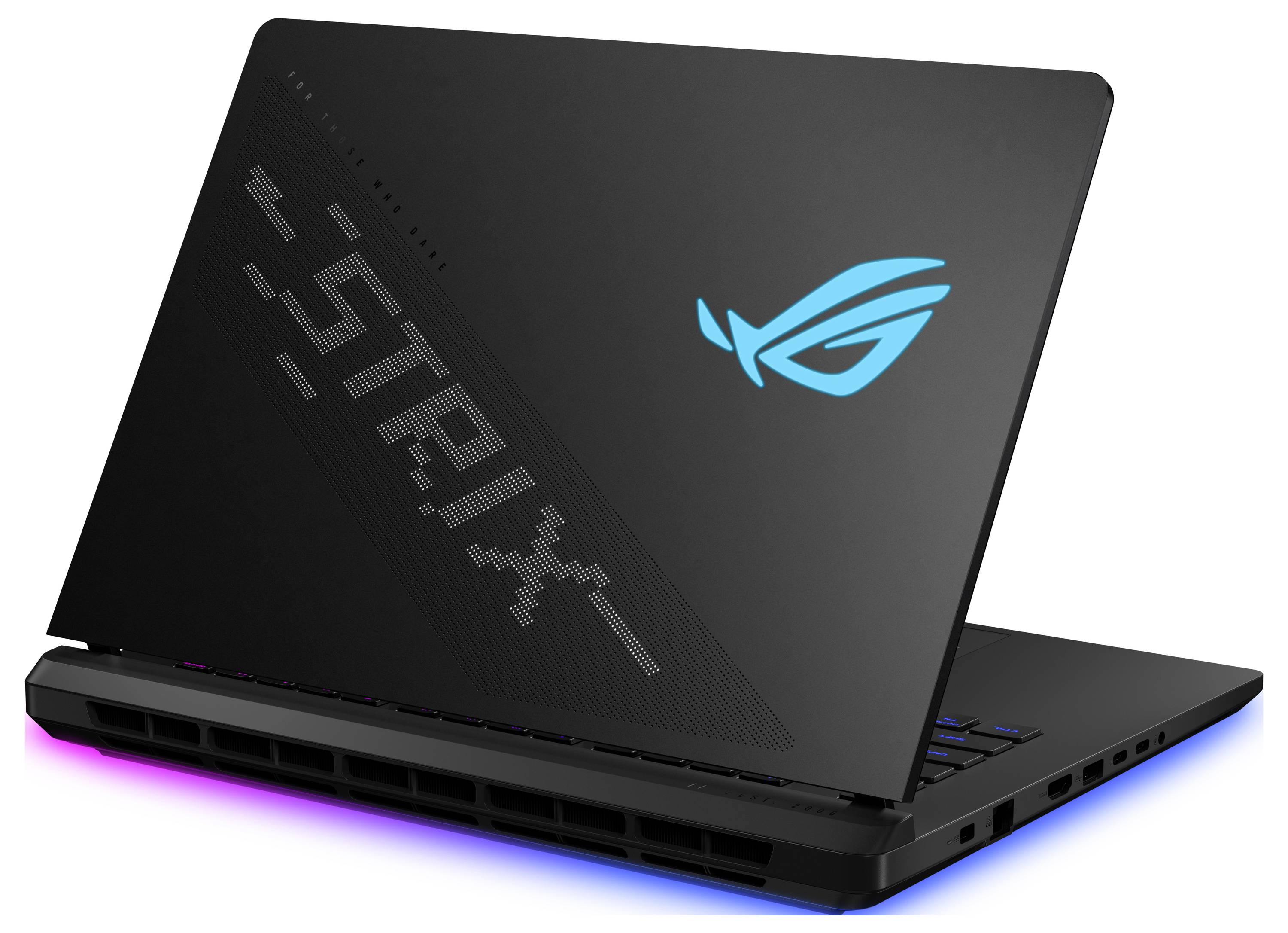 Ein schwarzer Laptop mit blauem Logo auf der Rückseite und buntem LED-Licht an der Unterkante, vermutlich ein Gaming-Laptop.