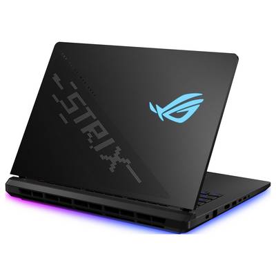 Ein schwarzer Laptop mit blauem Logo auf der Rückseite und buntem LED-Licht an der Unterkante, vermutlich ein Gaming-Laptop.