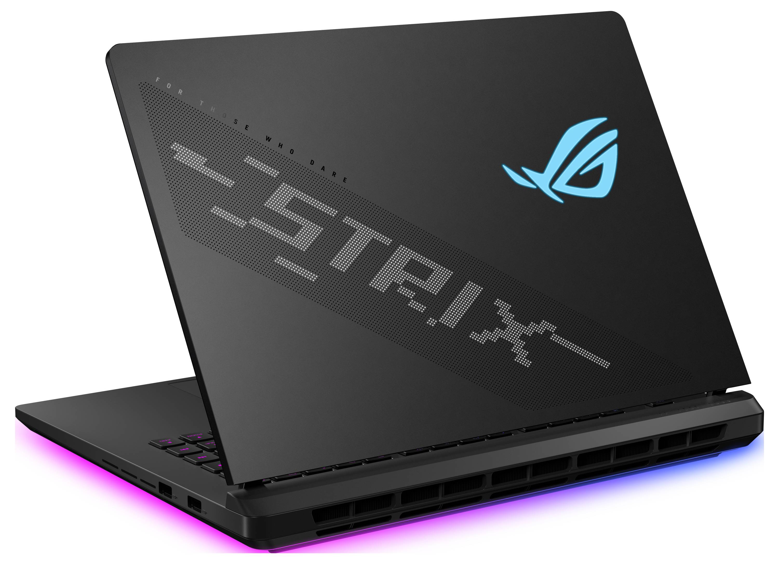 Schwarzer Gaming-Laptop mit beleuchtetem Logo und 'STRIX' Schriftzug auf dem Deckel. Tastatur mit RGB-Beleuchtung und schlankem Design.