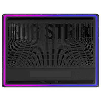 Schwarzes Laptop-Gehäuse mit leuchtendem Rand in Rot und Blau, das Logo 'ROG STRIX' ist auf der Oberfläche sichtbar.