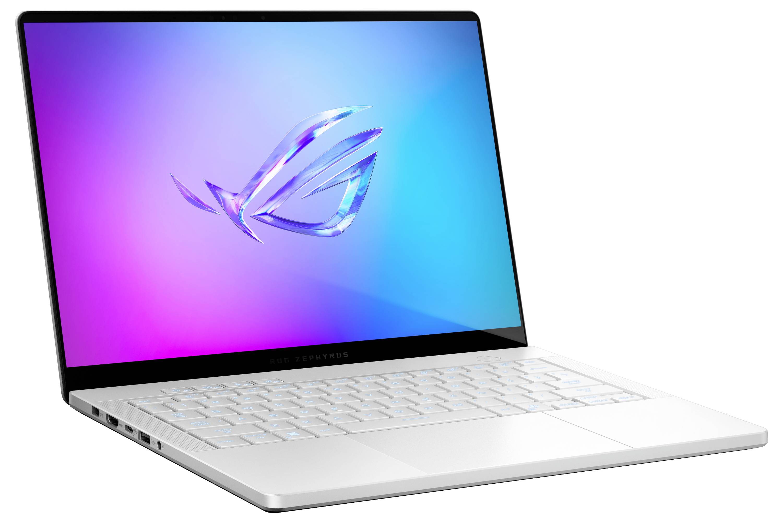 Ein moderner Laptop mit einem schmalen Bildschirmrand, beleuchteter Tastatur und einem Logo auf dem Bildschirm.