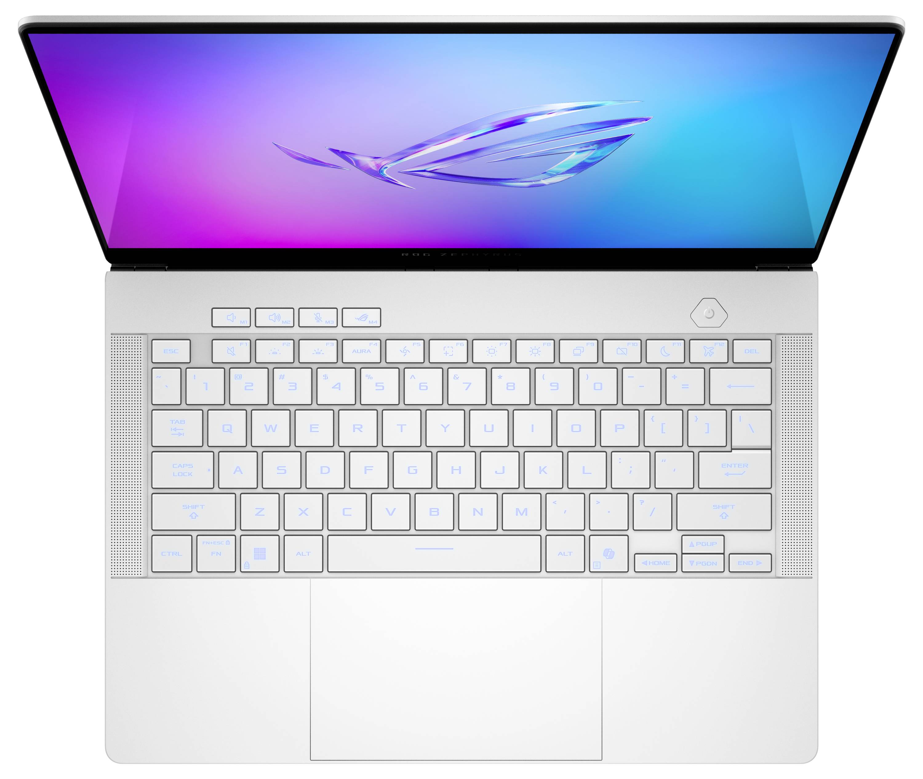 Ein Laptop mit beleuchteter Tastatur und farbverlaufendem Bildschirm, hellblaues und violettes Licht spiegelt sich im Monitor.